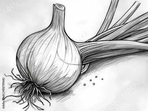 A drawing of an onion with its root sticking out. The drawing is in black and white. The onion is the main focus of the drawing, and the root is the only other element photo