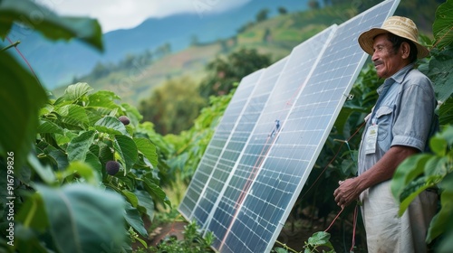 Hispanic man standing next to a solar panel in a lush green field of Avocado trees with the sun shining brightly, demonstrating sustainable agricultural practices in a developing country