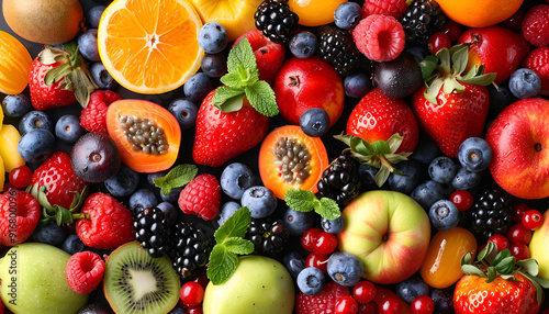 Different ripe fruits and berries as background, top view