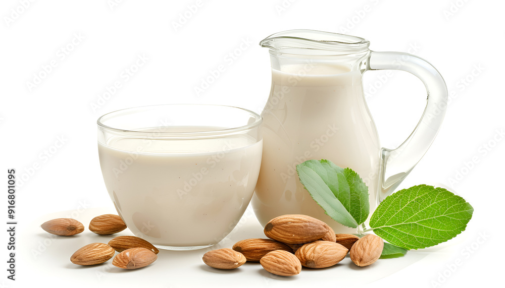 Glass of almond milk, jug and almonds isolated on white Glass of almond milk, jug and almonds isolated on white