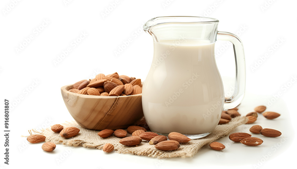 Glass of almond milk, jug and almonds isolated on white Glass of almond milk, jug and almonds isolated on white