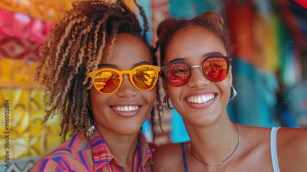 Two Smiling Women Friends Wearing Sunglasses. Two Smiling Women Friends Wearing Sunglasses.