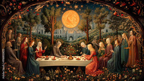 The Mystic Forest Feast - painting, artwork, dinner, gathering, medieval, renaissance, moon, night, feast, table, trees, garden, banquet, people, robes, nature, stars