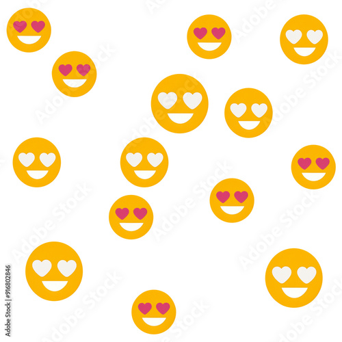 happy smiling faces, smile circle face, yellow, with hearts as eyes, in love and like it, love it, seamless pattern texture background, yellow faces