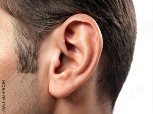 Close-up of a healthy human ear with visible details of the outer ear, ear canal, and eardrum, isolated on a white background. photo