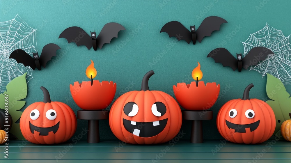 Embrace the halloween vibe with this 3d scene featuring carved pumpkins, candles, and bats. Ideal for all your spooky projects, and offering ample room for text