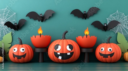 Obraz na płótnie Embrace the halloween vibe with this 3d scene featuring carved pumpkins, candles, and bats. Ideal for all your spooky projects, and offering ample room for text w salonie