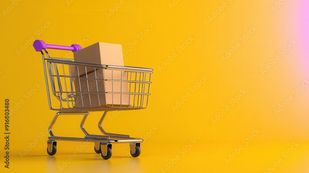 A modern shopping cart filled with a cardboard box against a vibrant yellow background. Ideal for retail and commerce themes. A modern shopping cart filled with a cardboard box against a vibrant yellow background. Ideal for retail and commerce themes.