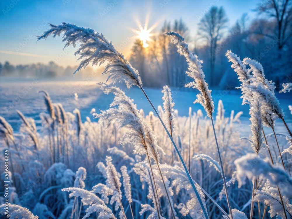 Fototapeta premium Frosted blades of grass sparkle like diamonds against a misty winter morning sky, creating a serene and mystical frozen landscape in shades of blue and white.