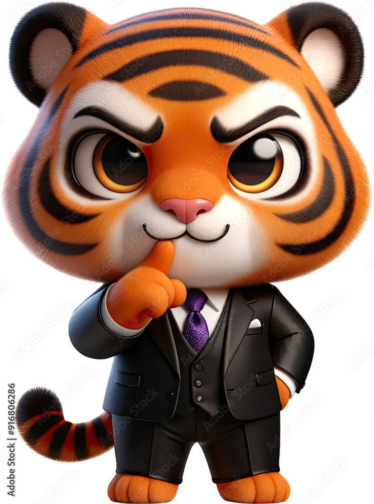 A cartoon tiger wearing a suit and tie with a smug look on its face and one finger raised to its lips in a A cartoon tiger wearing a suit and tie with a smug look on its face and one finger raised to its lips in a