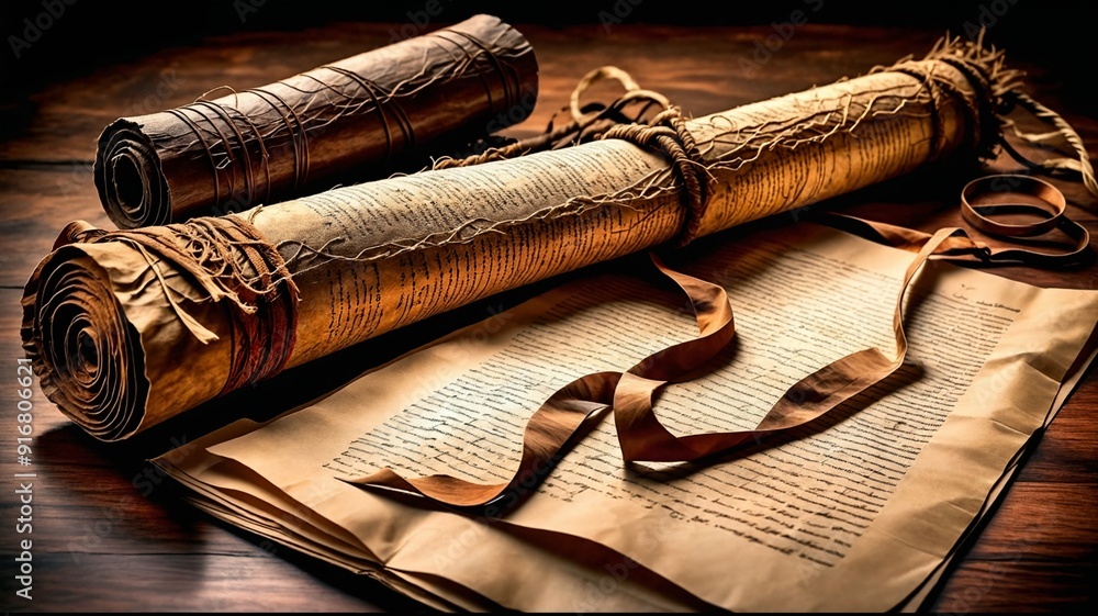 Ancient Scrolls on Wooden Table Ancient Scrolls on Wooden Table