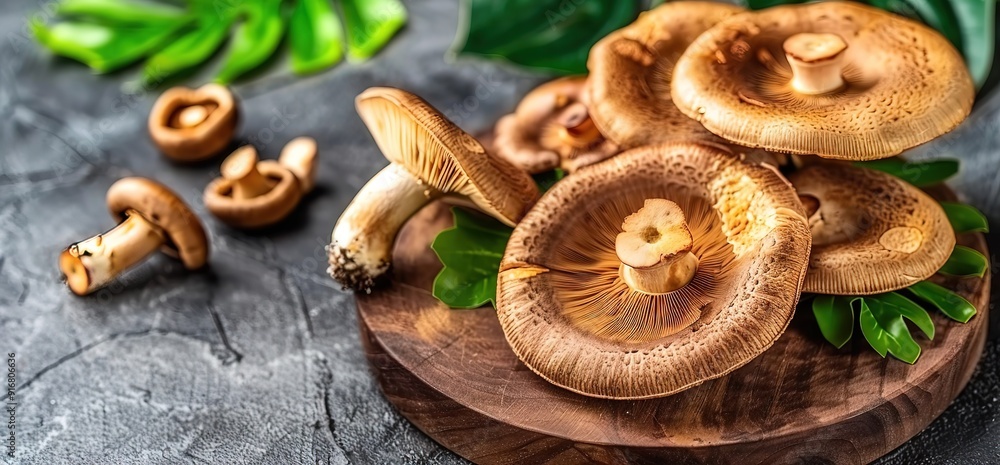 Fresh shiitake mushrooms on a wooden cutting board with green leaves. A healthy and delicious ingredient for cooking. Fresh shiitake mushrooms on a wooden cutting board with green leaves. A healthy and delicious ingredient for cooking.