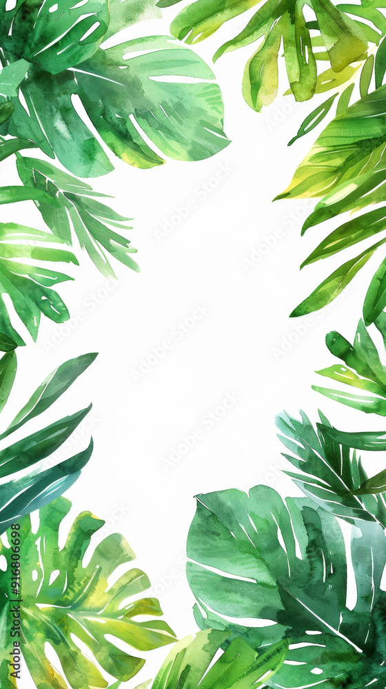Naklejka premium Aesthetic watercolor frame with green tropical leaves, copy space, light background, foliage template. Generative AI