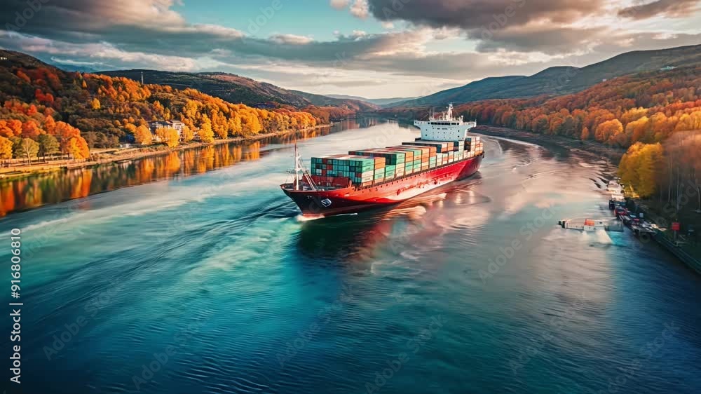 A large red ship is sailing on a river. The ship is carrying a large number of containers A large red ship is sailing on a river. The ship is carrying a large number of containers