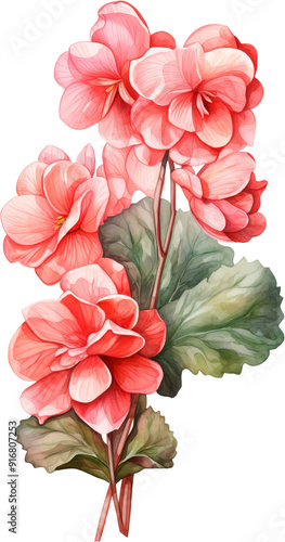 A cluster of delicate pink flowers with green leaves, painted in a watercolor style.