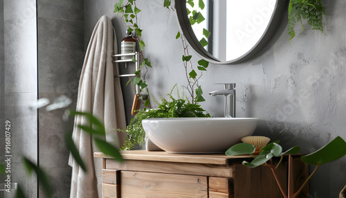 Stylish bathroom interior with heated towel rail and vanity photo