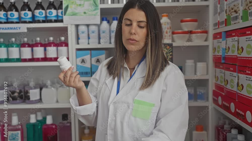 A young hispanic woman in a pharmacy store wearing a white coat examines a medicine bottle in an indoor setting.