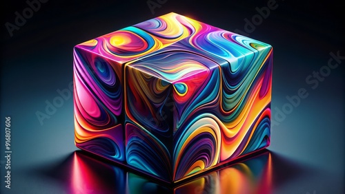 Vibrant 3D cube composed of swirling abstract shapes and colors, giving a sense of dynamic movement and futuristic technology, against a stark black background. photo