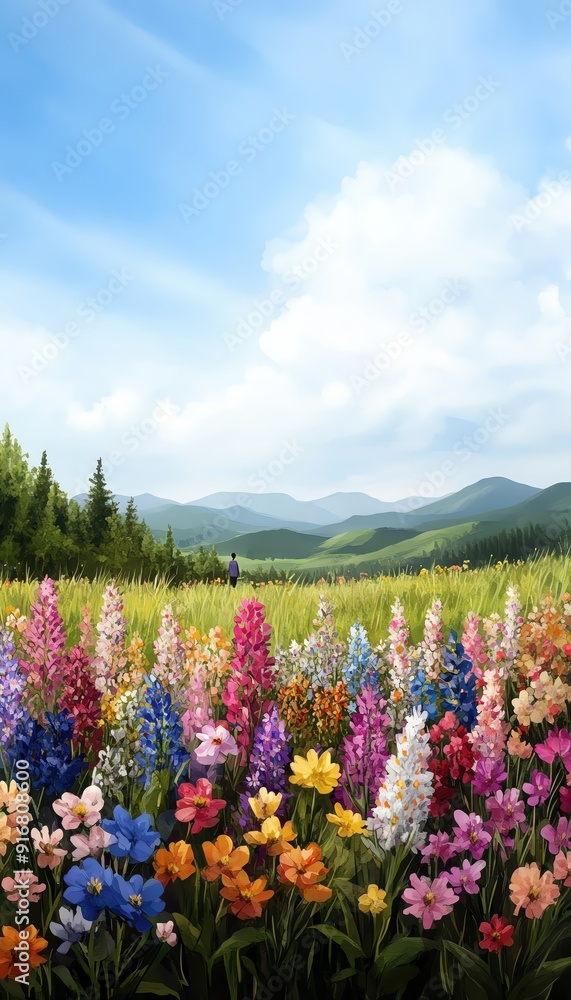 Obraz premium Vibrant floral landscape under a bright sky, showcasing a rainbow of flowers against lush green mountains in the background.