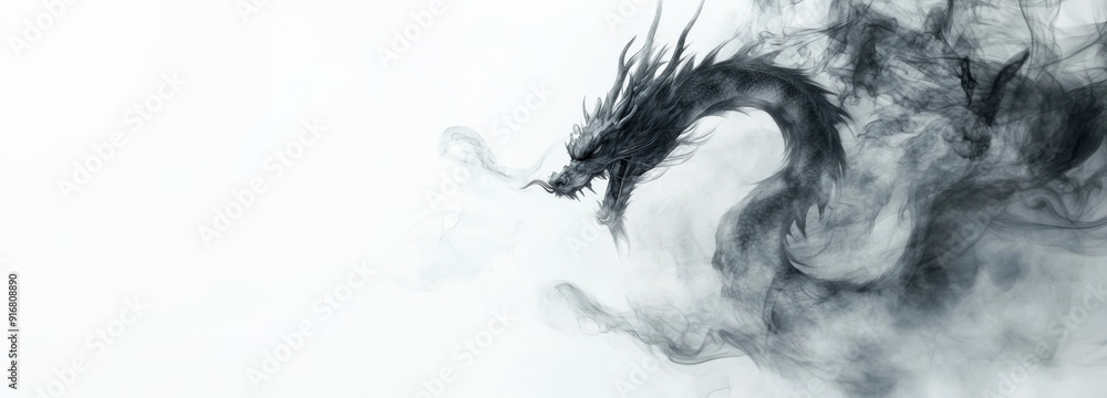 Ethereal Chinese Dragon in Ink Wash. A Delicate and Ruined Silhouette on a Light Gray Canvas. Ethereal Chinese Dragon in Ink Wash. A Delicate and Ruined Silhouette on a Light Gray Canvas.
