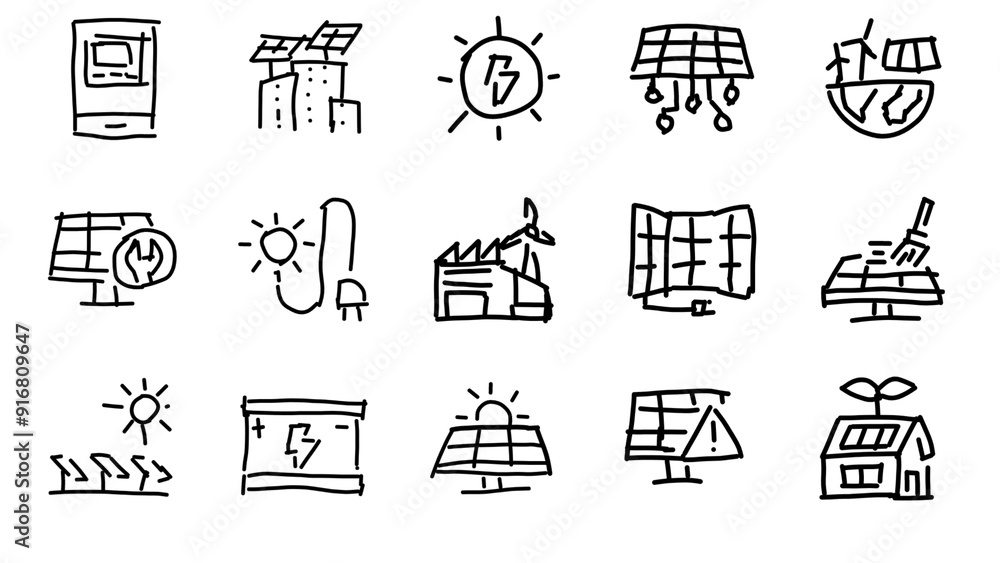 Fototapeta premium Out line icons related to solar energy. Liner icon electronic medical etc icon white background