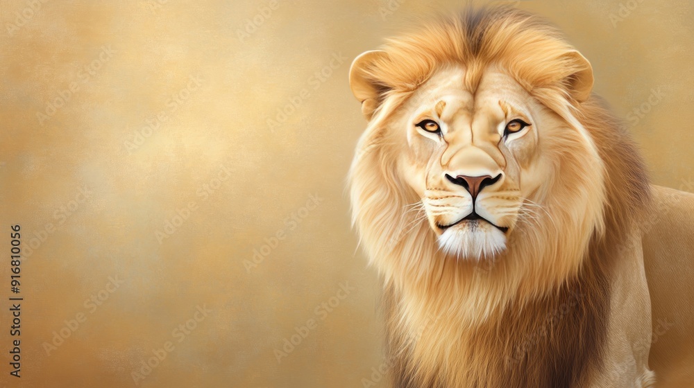 Fototapeta premium The lion stands proudly, showcasing its regal mane and penetrating eyes as the last light of day casts a warm glow across the savannah