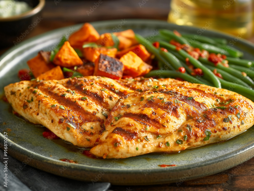A plate of grilled chicken, carrots, and green beans. The chicken is seasoned and has a nice char on it A plate of grilled chicken, carrots, and green beans. The chicken is seasoned and has a nice char on it