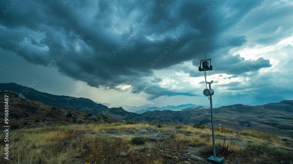 Obraz premium Weather station equipment against a stormy sky in a remote mountainous area.&nbsp;Global warming problem