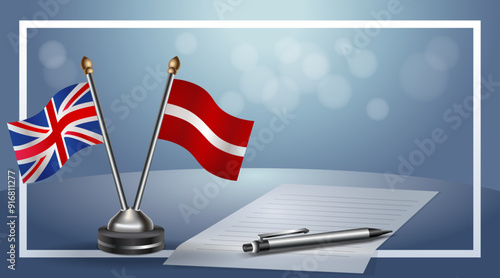 United Kingdom and Latvia Small national flag on bokeh background, cooperative relationship