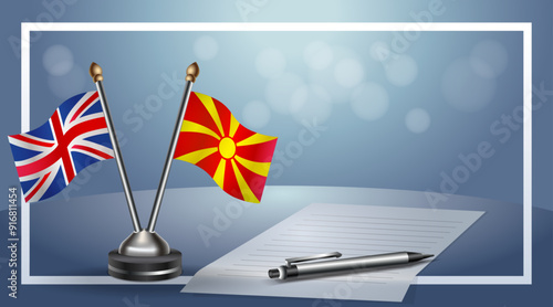 United Kingdom and Macedonia Small national flag on bokeh background, cooperative relationship
