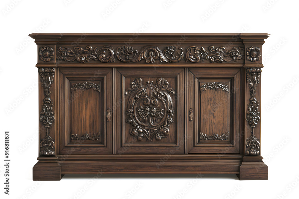 Fototapeta premium Vintage wooden sideboard with drawers and cabinets isolated on white