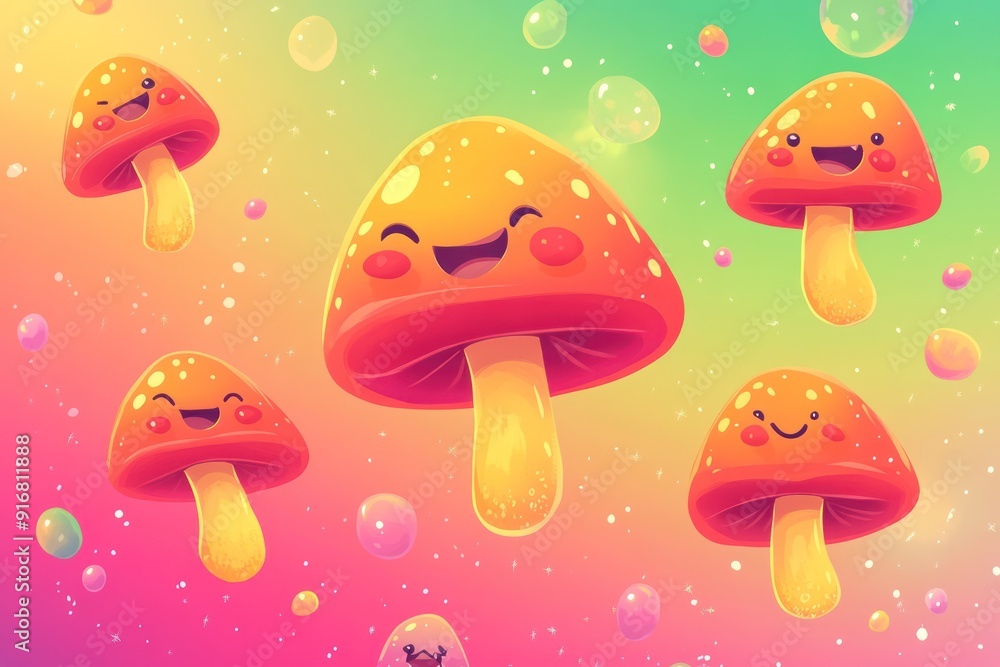 Happy Smiling Mushrooms Floating in a Colorful Dreamlike World. Happy Smiling Mushrooms Floating in a Colorful Dreamlike World.