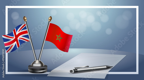 United Kingdom and Morocco Small national flag on bokeh background, cooperative relationship