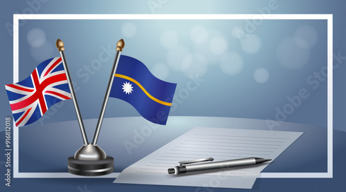 United Kingdom and Nauru Small national flag on bokeh background, cooperative relationship