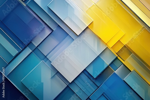 Abstract Geometric Pattern: Intersecting Blue, Yellow, and Gray Rectangles.