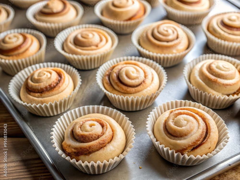 Delicious small cinnamon rolls filled into cupcake liners, ready to be baked into sweet no-yeast cinnamon roll cupcakes treats. Delicious small cinnamon rolls filled into cupcake liners, ready to be baked into sweet no-yeast cinnamon roll cupcakes treats.