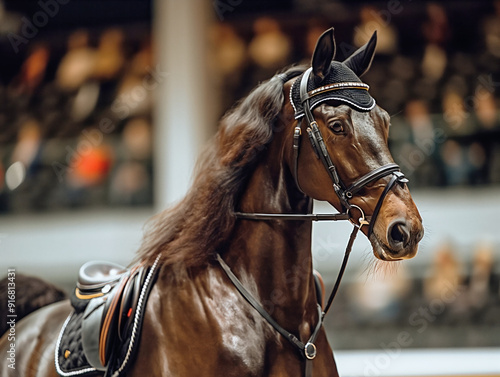 A horse with a black bridle and a black cap on its head. The horse is standing in a ring with a crowd of people watching