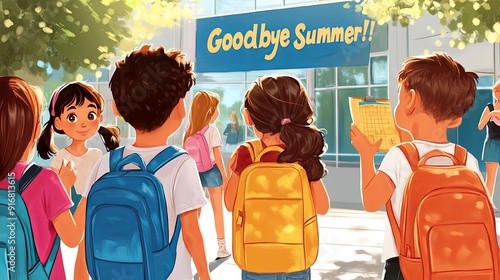 A illustration of children returning to school after summer break standing outside a school with a Goodbye Summer banner photo