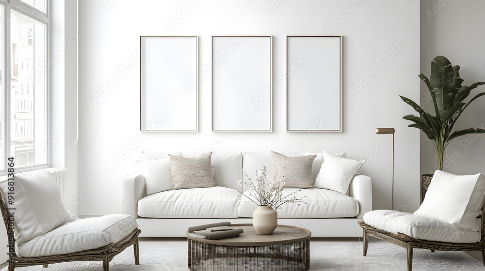 three empty frames on a white wall. A minimalist living room with a white sofa, two armchairs. three empty frames on a white wall. A minimalist living room with a white sofa, two armchairs.