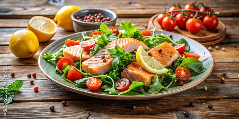 Fresh salmon salad with mixed greens, cherry tomatoes, and lemon slices served on a rustic wooden table with copy space. Fresh salmon salad with mixed greens, cherry tomatoes, and lemon slices served on a rustic wooden table with copy space.
