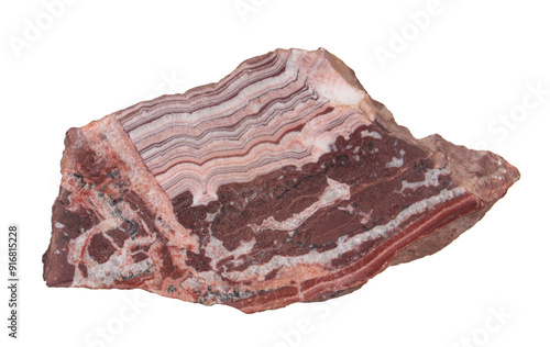 Layered red-brown marble onyx from Torgashinskoye deposit, Russia. Collection mineral isolated on white background photo