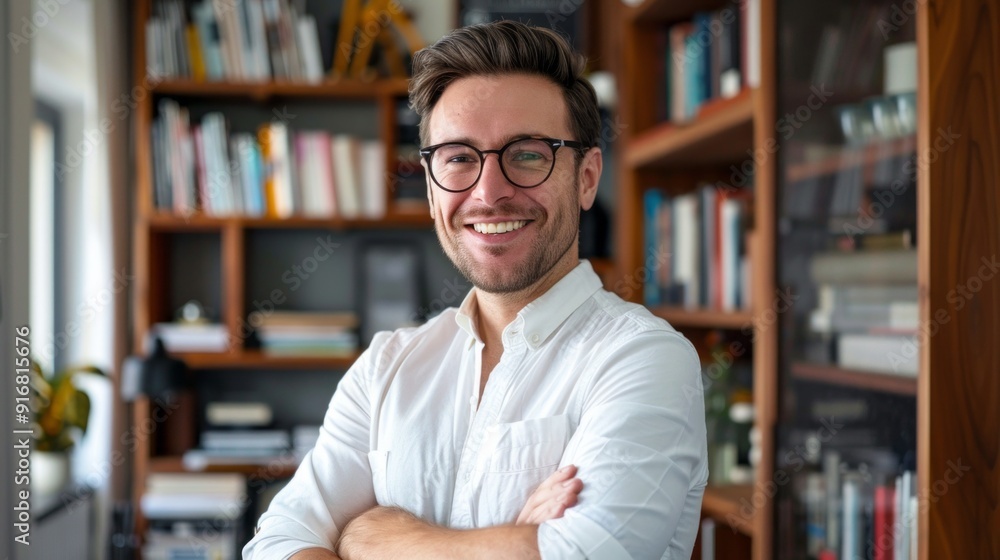 Fototapeta premium A man with glasses is smiling and standing in front of a bookshelf