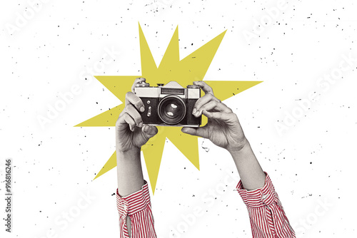 Young girl taking retro photos. Vintage party or tourism poster. Contemporary flat design art collage isolated on free png background.