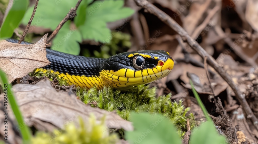 A black and yellow rattlesnake slithers through the dense forest, ready to strike, showcasing its vivid colors against the rich earth and greenery