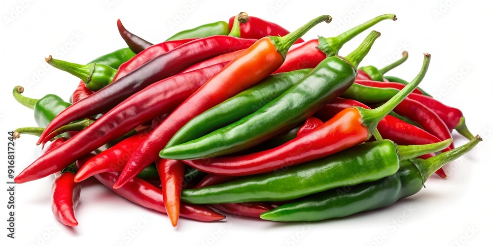 Vibrant red and green fresh chilli peppers on a white background, perfect for illustrating restaurant menus and culinary creativity concepts. Vibrant red and green fresh chilli peppers on a white background, perfect for illustrating restaurant menus and culinary creativity concepts.