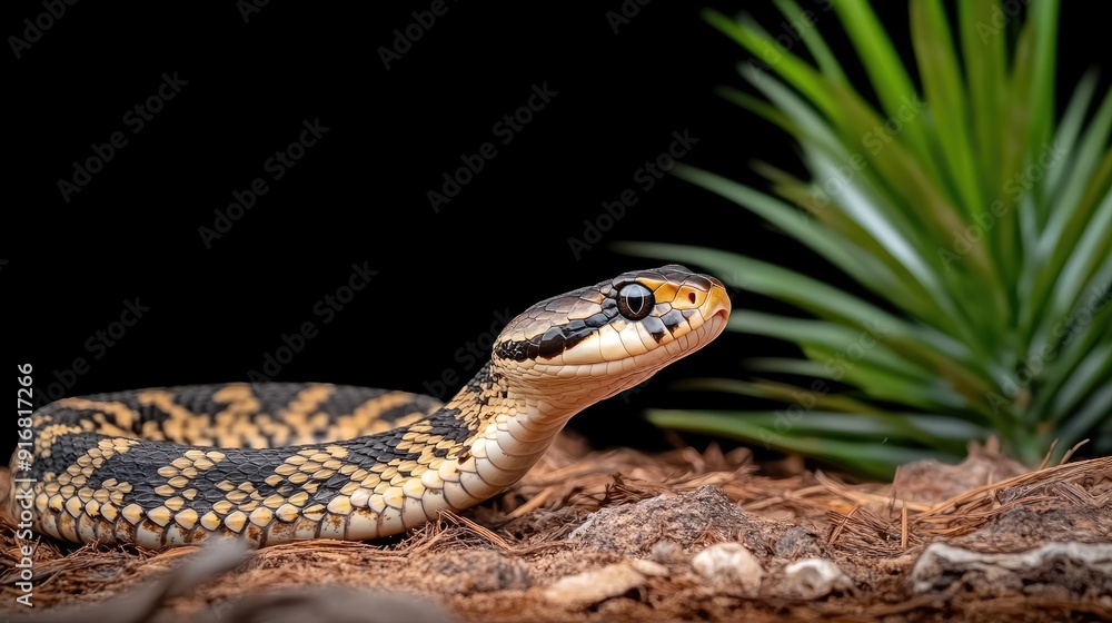 Obraz premium A black and yellow rattlesnake slithers through the dense forest, ready to strike, showcasing its vivid colors against the rich earth and greenery
