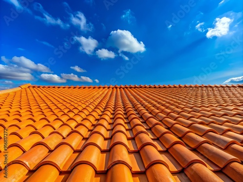 Vibrant orange clay tile roof texture with subtle wear, set against a brilliant blue sky with ample copy space.