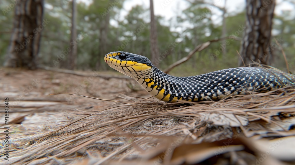 A black and yellow rattlesnake slithers through the dense forest, ready to strike, showcasing its vivid colors against the rich earth and greenery A black and yellow rattlesnake slithers through the dense forest, ready to strike, showcasing its vivid colors against the rich earth and greenery