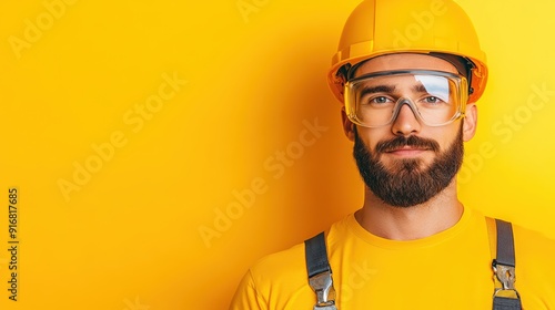 Confident construction worker in a yellow uniform, helmet, and safety glasses against a yellow background, showcasing professionalism.