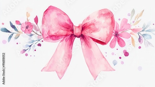 Wallpaper Mural A charming pink watercolor bow surrounded by delicate floral elements, perfect for party invitations or decorative designs. Torontodigital.ca